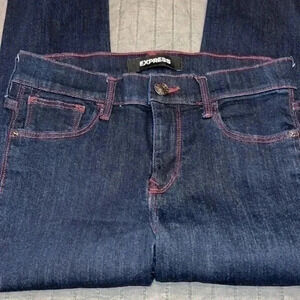 Express Dark Rinse Mid Rise Skinny Denim Jeans with Red Stitching Size 2P